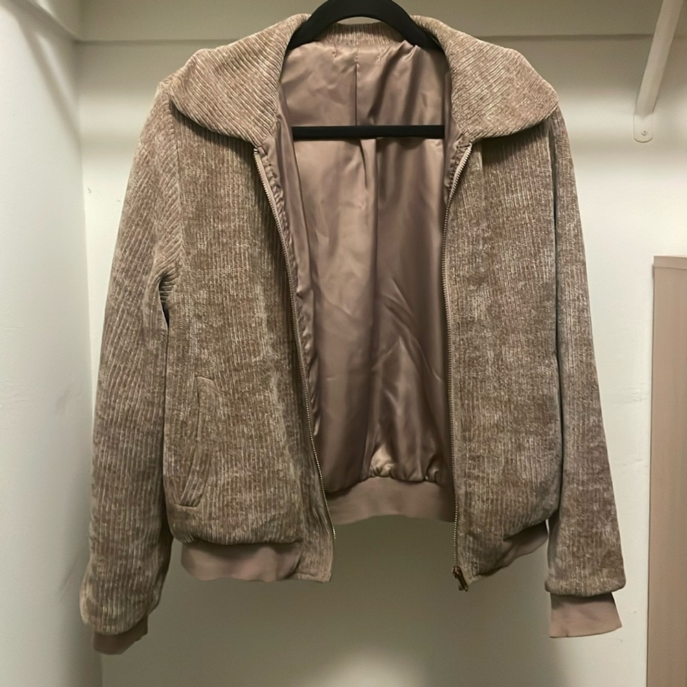 Tan corduroy full zip bomber style jacket
